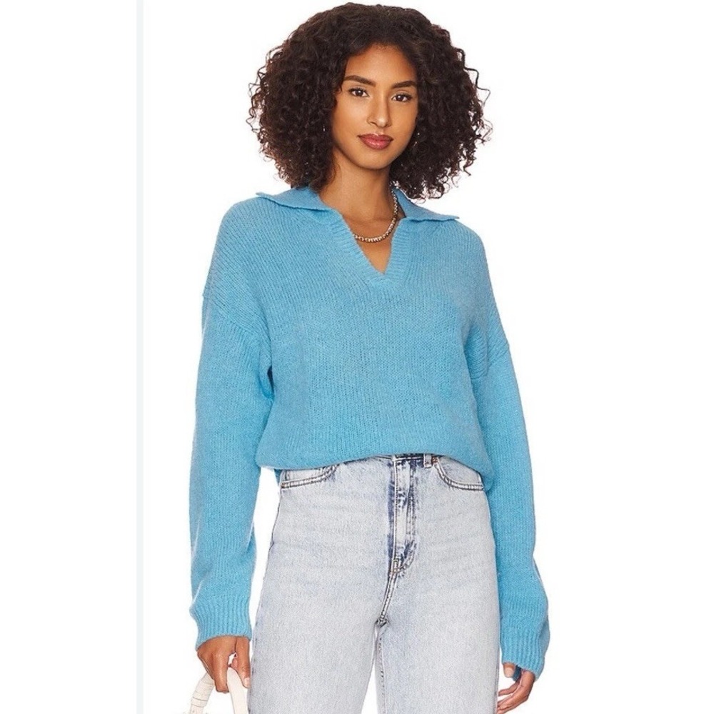 NATION LTD Georgie Blue Alpaca Blend Polo Sweater L Boxy Slouchy